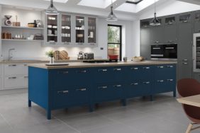Contemporary Aurora Kitchen in Painted Light Grey, Gun Metal Grey & Parisian Blue